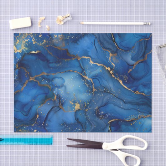 Deep Ocean Blue & Gold Watercolor Swirl Decoupage  Seidenpapier (Handwerk)