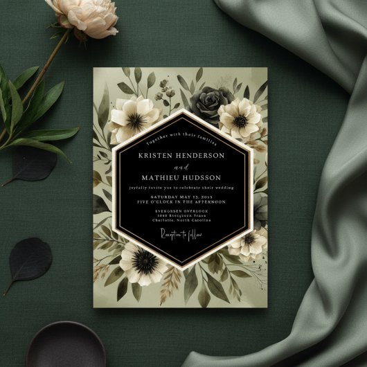 Deep Olive Botanical Romance Wedding Einladung
