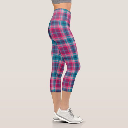 Deep Pink Blue Tartan Kariert Gingham Pattern Capri Leggings (Rechts)