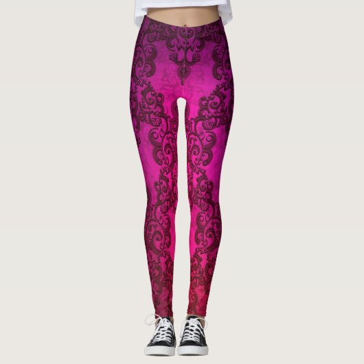 Deep Pink Extravagant Damask Boho Style Leggings (Vorderseite)