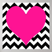 Deep Pink Heart on Black and White Zigzag Poster (Vorne)