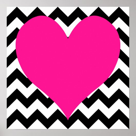Deep Pink Heart on Black and White Zigzag Poster (Vorne)