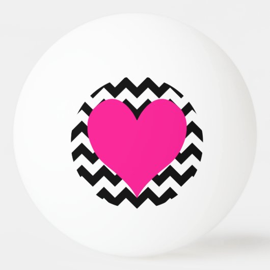 Deep Pink Heart on Black and White Zigzag Tischtennisball (Vorderseite)