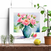 Deep Pink Roses Blue Vase Aquarellfarbe Print Poster