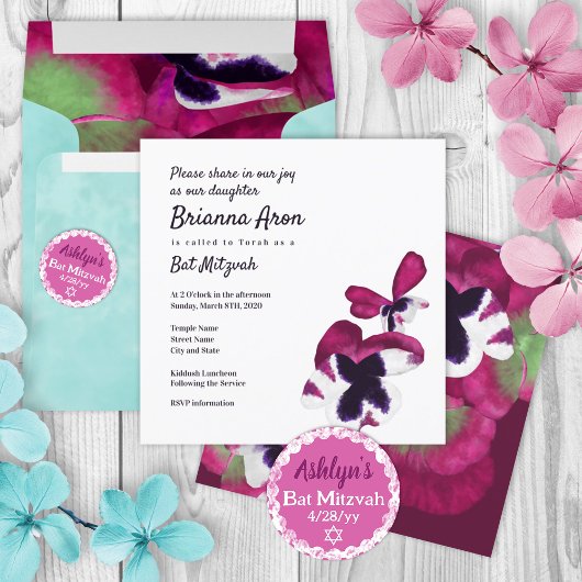 Deep Pink Stiefmütterchen Bat Mitzvah Einladung