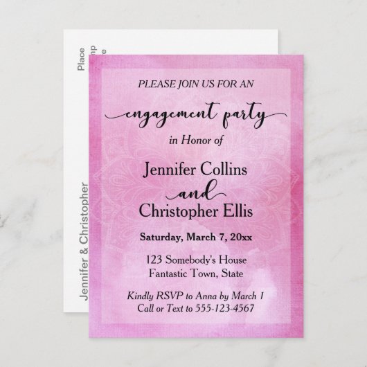 Deep Pink Watercolor Mandala Engagement Party Einladungspostkarte (Vorne/Hinten)