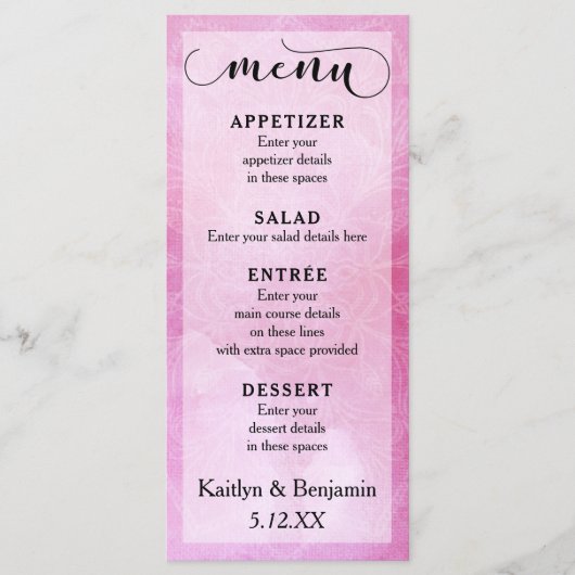Deep Pink Watercolor & Mandala Wedding Menu Menükarte (Vorderseite)