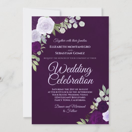 Deep Plum Lila & Lavender Boho Rose Hochzeit Einladung (Vorderseite)
