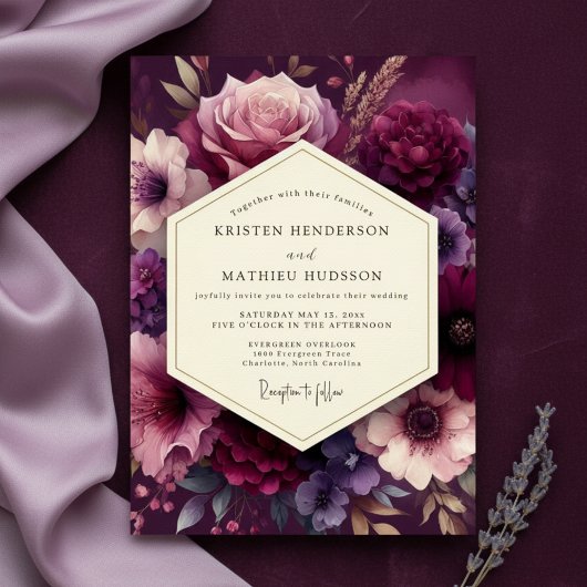 Deep Plum Lush Bloom Wedding Einladung
