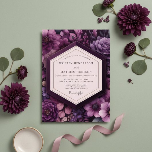 Deep Purple Floral Romance Wedding Einladung