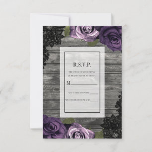 Deep Purple Roses Rustic Wood Schwarz Spitze RSVP  Einladung