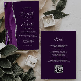 Deep Purple Silver Agate QR Code Hochzeit Einladung