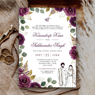 Deep Purple Watercolor-Rosen Florale Sikh-Hochzeit Einladung