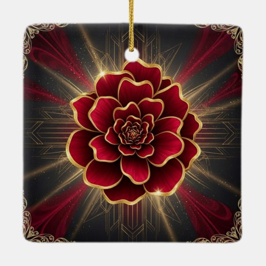 Deep Red Art Deco Flower Ornament with Gold Accent (Rückseite)