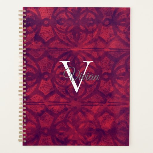 Deep Red Batik Elegant Monogram Name Planner Planer (Vorderseite)