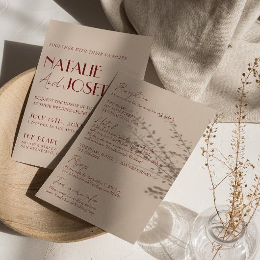 Deep Red Blue All In One Whimsical Modern Wedding Einladung