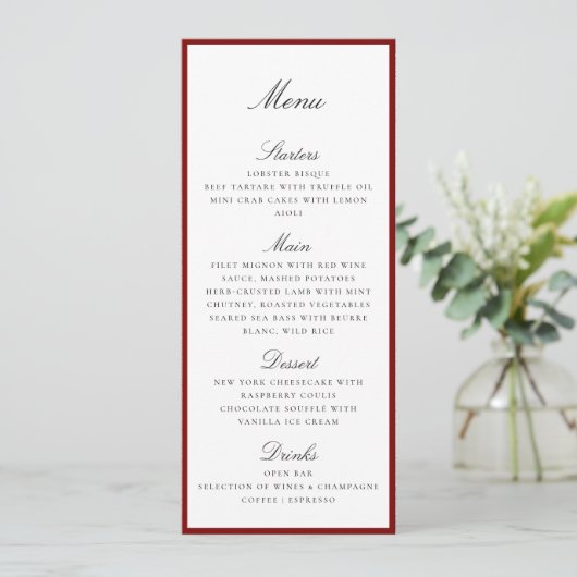 Deep Red Border Wedding Menu Card Menükarte (Stehend Vorderseite)