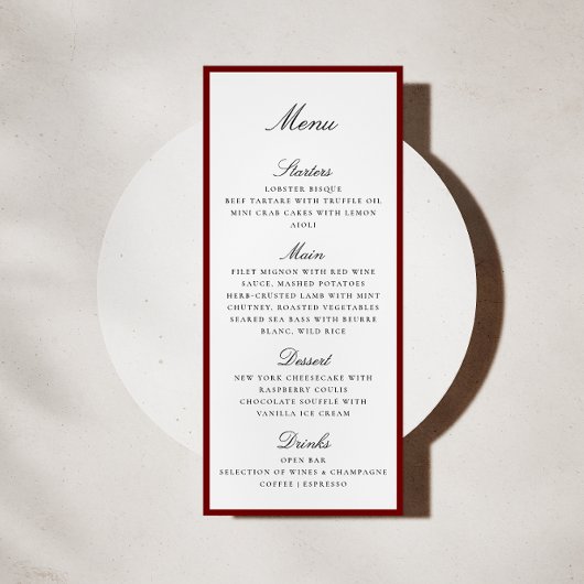 Deep Red Border Wedding Menu Card Menükarte