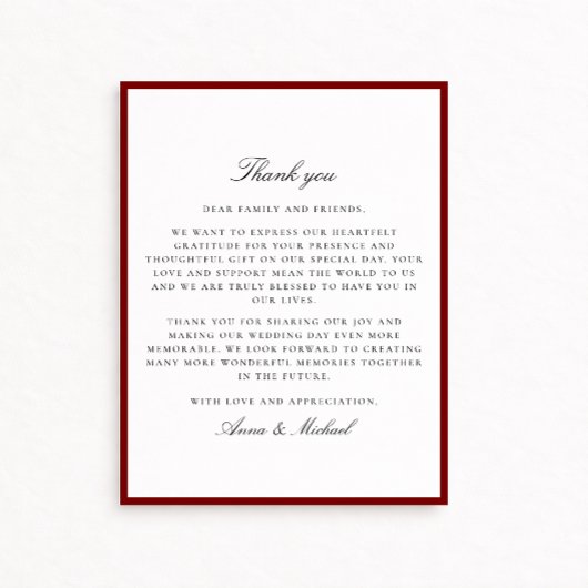 Deep Red Border Wedding Thank You Card Save The Date
