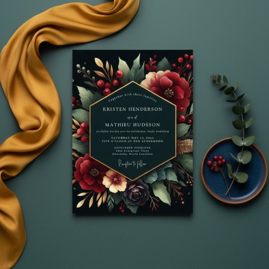 Deep Red Botanical Luxe Wedding Einladung