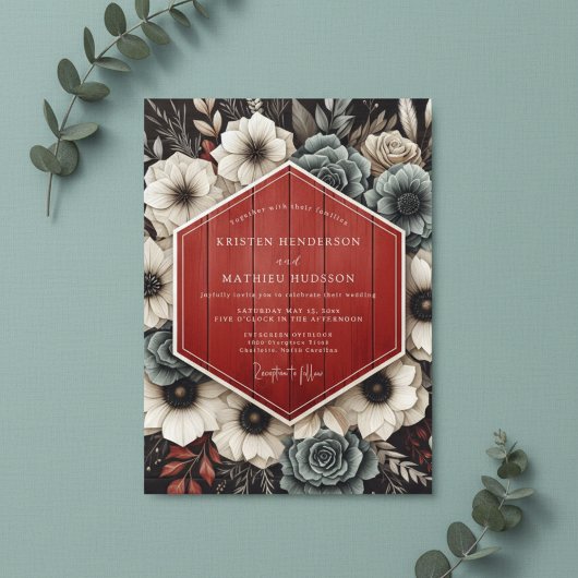 Deep Red Botanical Opulent Wedding Einladung