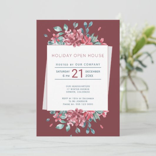 Deep Red Burgundy Blooms Holiday Open House Einladung (Stehend Vorderseite)