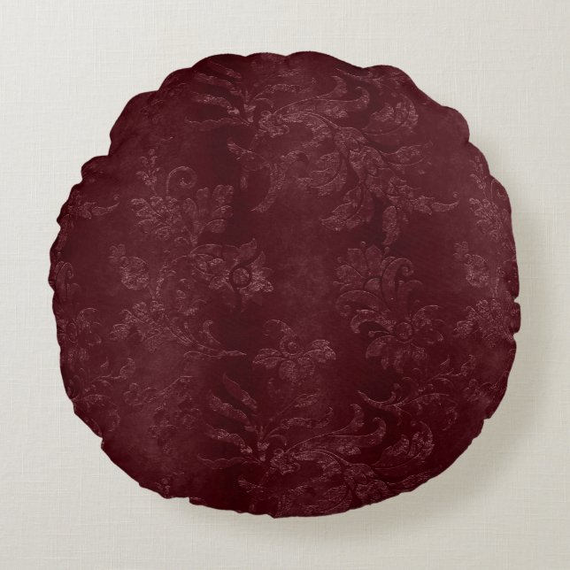 Deep Red Burgundy Floral Christmas Rundes Kissen (Vorderseite)