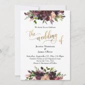 Deep Red Burgundy Floral Gold Die Hochzeit von Einladung (Vorderseite)