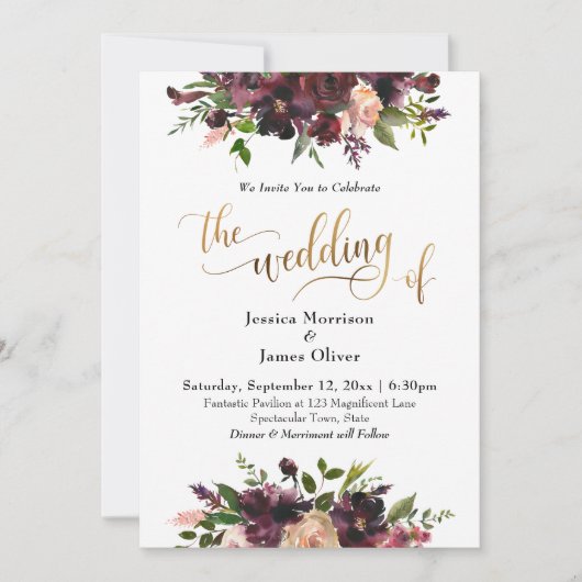 Deep Red Burgundy Floral Gold Die Hochzeit von Einladung (Vorderseite)