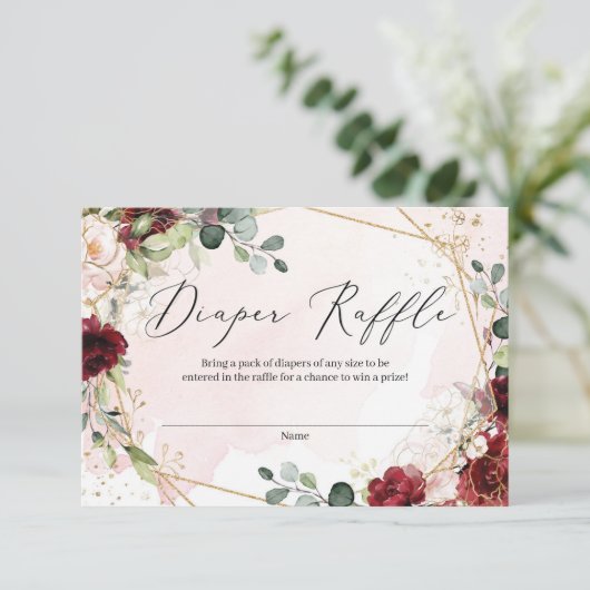 Deep red burgundy floral gold frame diaper Tombola Begleitkarte (Stehend Vorderseite)