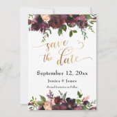 Deep Red Burgundy Floral Gold Save the Date Script (Vorderseite)