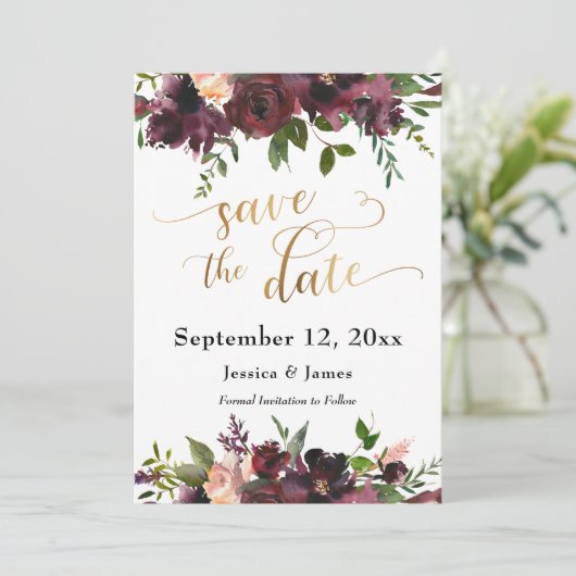 Deep Red Burgundy Floral Gold Save the Date Script (Stehend Vorderseite)