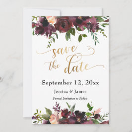 Deep Red Burgundy Floral Gold Save the Date Script