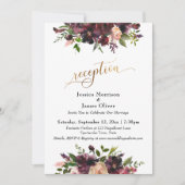 Deep Red Burgundy Floral Gold Script Empfang Einladung (Vorderseite)