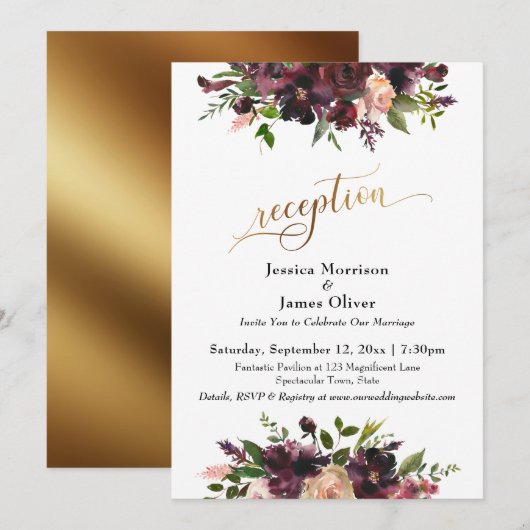 Deep Red Burgundy Floral Gold Script Empfang Einladung (Vorne/Hinten)