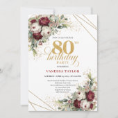 Deep Red Burgundy Flowers Eucalyptus 80th Birthday Einladung (Vorderseite)