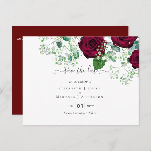 Deep Red Burgundy Rose Hochzeit Rett Datum Postkar Postkarte (Vorne/Hinten)