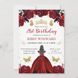 Deep Red Dress Brünett Hair Princess Geburtstag Einladung