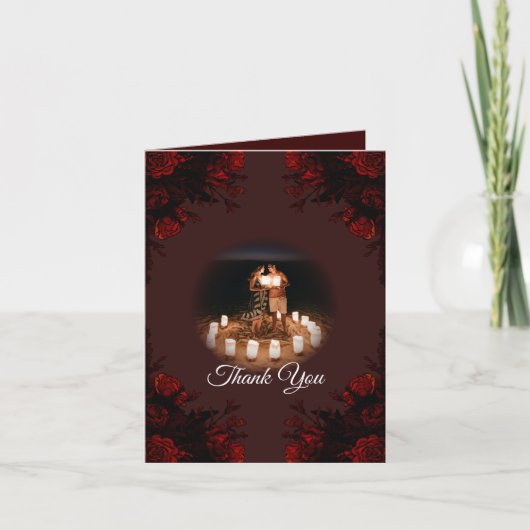 Deep Red Floral Elegante Gotische Hochzeit Dankeskarte (Vorderseite)