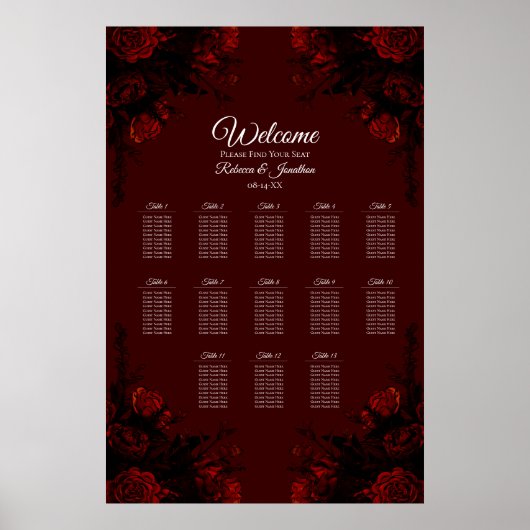 Deep Red Floral Elegante Gotische Hochzeit Poster (Vorne)
