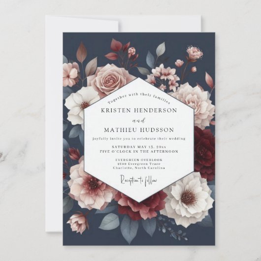 Deep Red Floral Romance Wedding Einladung (Vorderseite)