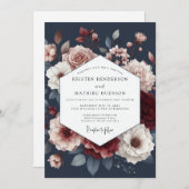 Deep Red Floral Romance Wedding Einladung (Vorne/Hinten)