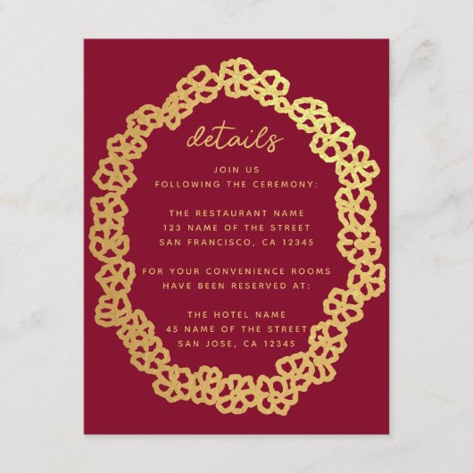 Deep Red Floral Wedding Details Imitats Gold Wreat Begleitkarte (Vorderseite)