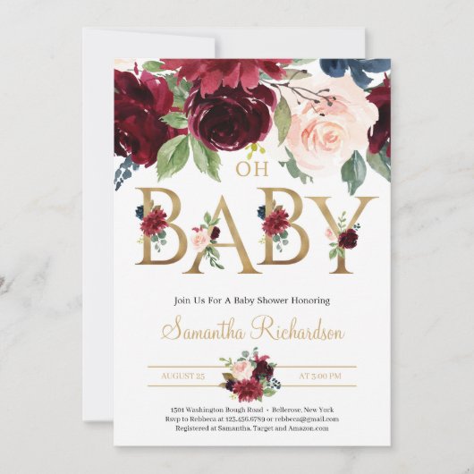 Deep Red Florals und Gold Foil Letting Oh Baby Einladung (Vorderseite)