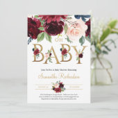 Deep Red Florals und Gold Foil Letting Oh Baby Einladung (Stehend Vorderseite)