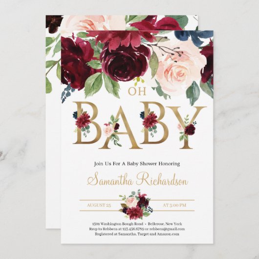 Deep Red Florals und Gold Foil Letting Oh Baby Einladung (Vorne/Hinten)