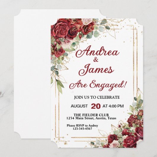 Deep Red & Gold Frame Rose-Partner Einladung (Vorne/Hinten)