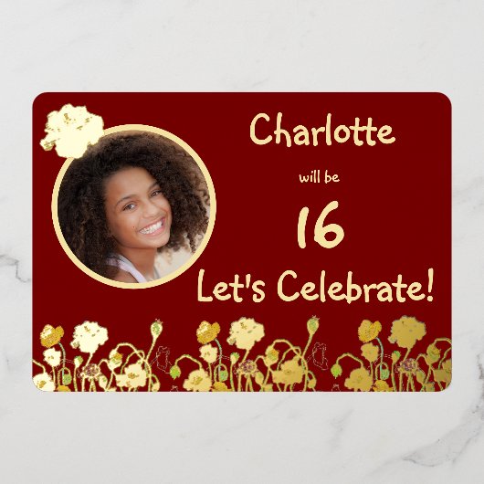 Deep Red & Gold Wild Poppy 16. Geburtstag Folieneinladung (Vorderseite)