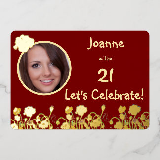 Deep Red & Gold Wild Poppy 21. Geburtstag Folieneinladung