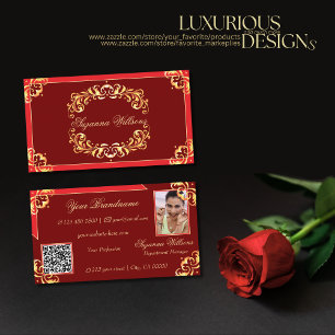 Deep Red Golden Verziert mit Foto und QR Code Visitenkarte